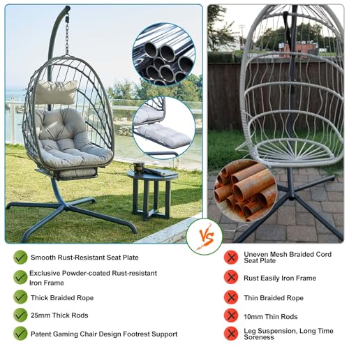 Hanging Egg Chair with Stand and Leg Rest – Rattan Wicker Swing Hammock Chair, UV-Resistant Cushion, Heavy-Duty Frame for Indoor & Outdoor Patio, Bedroom, Balcony, Garden – 330 lbs Capacity.