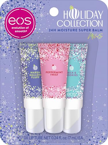 eos Holiday 24H Moisture Mini Super Balm Set, Sugar Plum Spritz, Candy Cane Swirl, Iced Sugar Cookie, Limited Edition Lip Care, Stocking Stuffers, 0.24 fl oz, 3-pack