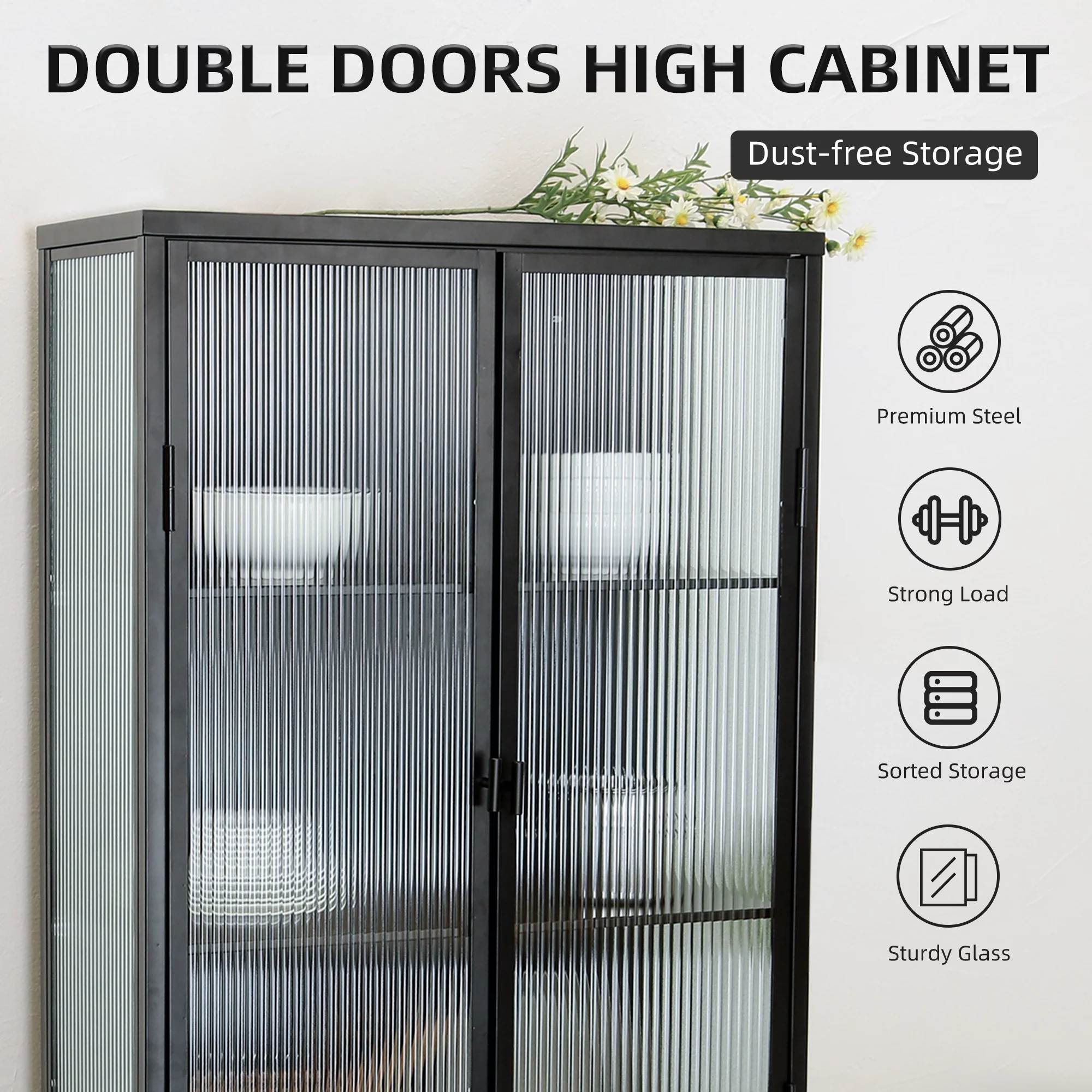 ikayaa Retro Style Fluted Glass High Cabinet Storage Dual Doors Three Detachable Wide Shelves Enclosed Dust-free Storage for Living Room Bathroom Dining Room Kitchen Room Entryway,BLACK (OLD SKU:W6