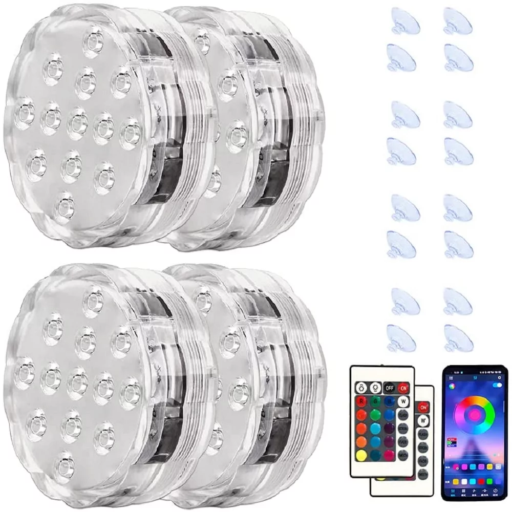 Honche LED Submersible Lights Waterproof Remote APP Pool Lights Color Changing Underwater Christmas Decoration Lighting(4 Packs)
