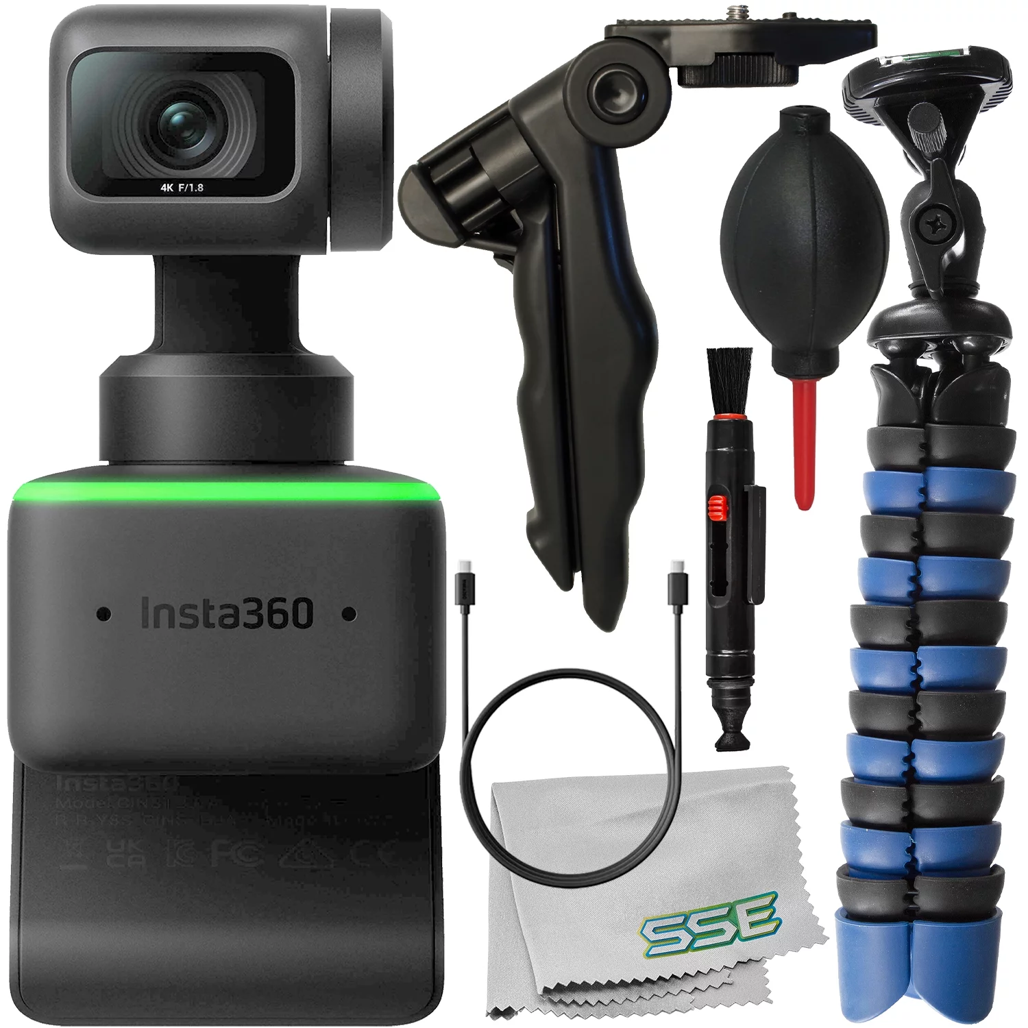 Insta360 Link UHD 4K AI Webcam + Ultimaxx Tripod Bundle + Manufacturer Accessories, Mini “Gripster” Tripod, 6.5” Tabletop “Pistol Grip” Tripod & More (8pc Bundle)