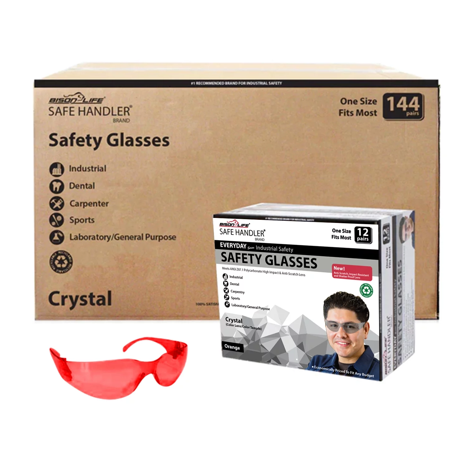 Safe Handler Crystal Full Color Red Safety Glasses For Men/Women (Pack of 144)