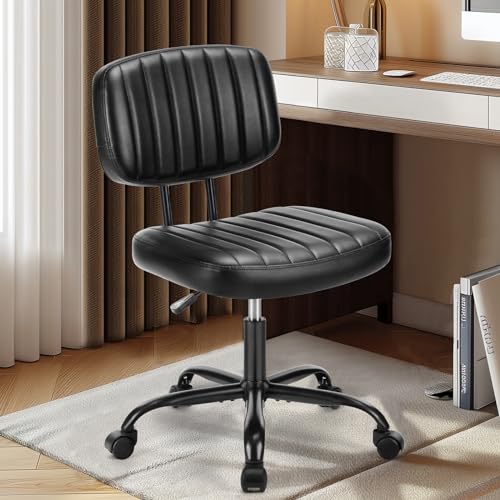 DUMOS Armless Small Home Office Desk Chair - Vanity Task Chair with Low Back, Height Adjustable PU Leather Swivel Computer Chair with 360° Rolling Wheels, Deep Brown