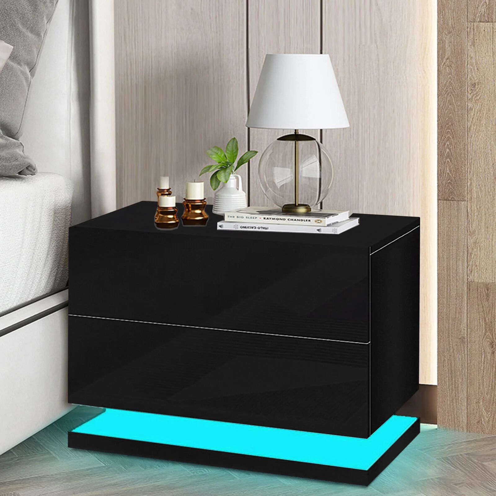 Modern High Gloss Nightstand Black Bedside End Table 2 Drawers Bedroom Furniture with LED Light