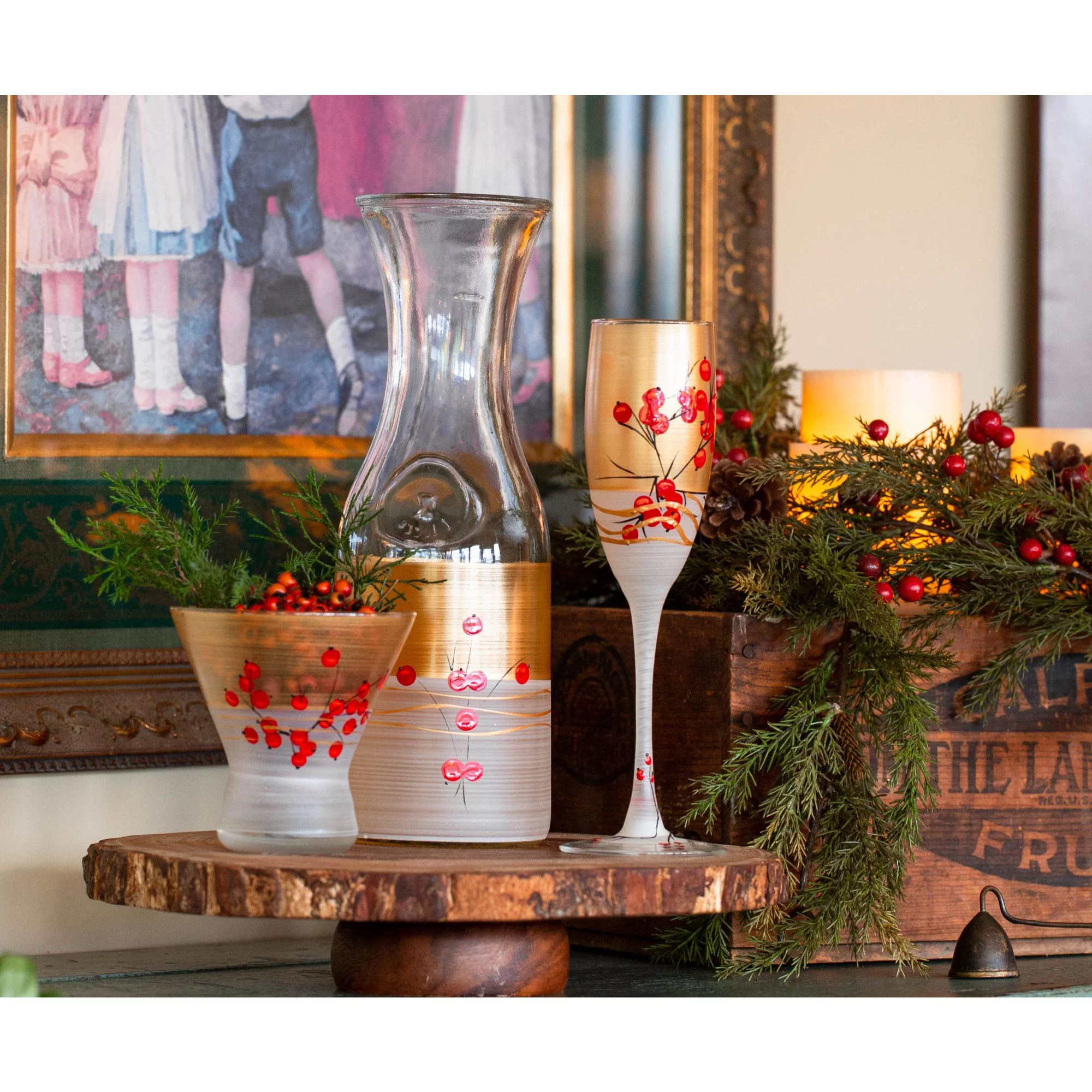 Crafted Creations Set of 2 Gold Berries and Branches Hand Painted Cosmopolitan Wine Glasses 8.25 oz.