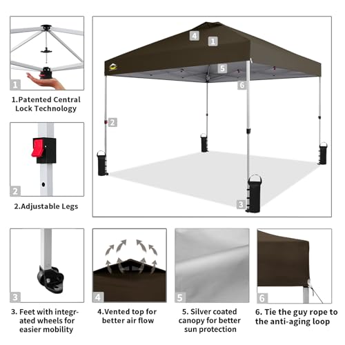 CROWN SHADES 10x10 Pop Up Canopy - Beach Tent with One Push Setup - Easy Outdoor Sun Shade for Events, Parties, Camping - Gazebo with STO-N-Go Cover Bag, Silver Coated Top, White