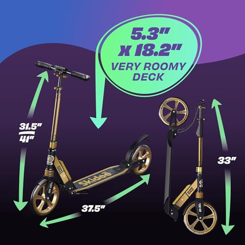 Skidee Adult & Teen Scooter Adjustable Height, Folding, Large Wheels, Lightweight, Durable, Anti-Shock Suspension, Up to 220 lbs