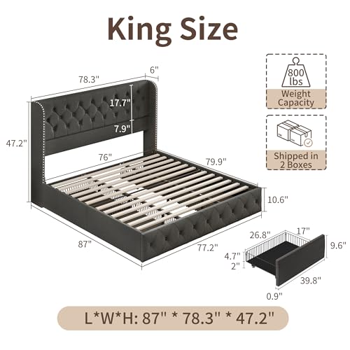 King Size Bed Frame with Storage Drawers and Wingback Headboard Linen Upholstered Platform Bed Frame Tufted Beds with Heavy Duty Wood Slats, Noise Free, Easy Assembly, Beige