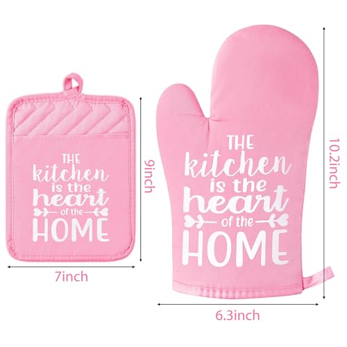 GROBRO7 6Pcs Christmas Oven Mitts Pot Holders Baking Gift, We Wish You a Merry Christmas Resistant Hot Pad Machine Washable Gloves with Hanging Loop Pocket Potholder for Kitchen Cooking Grilling Red