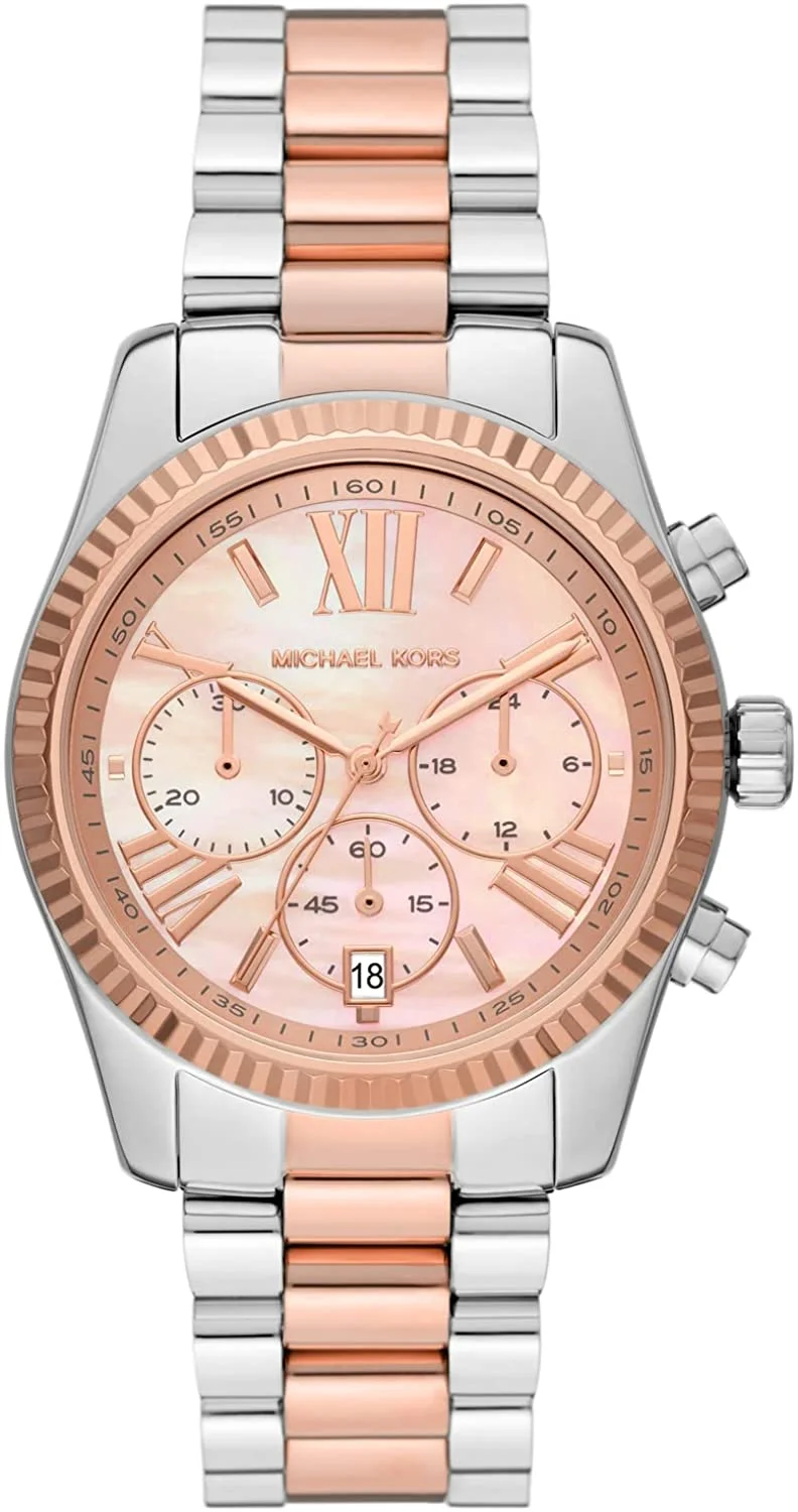 Michael Kors Lexington Womens Two Tone Rose Gold Silver Chronograph Watch MK7219