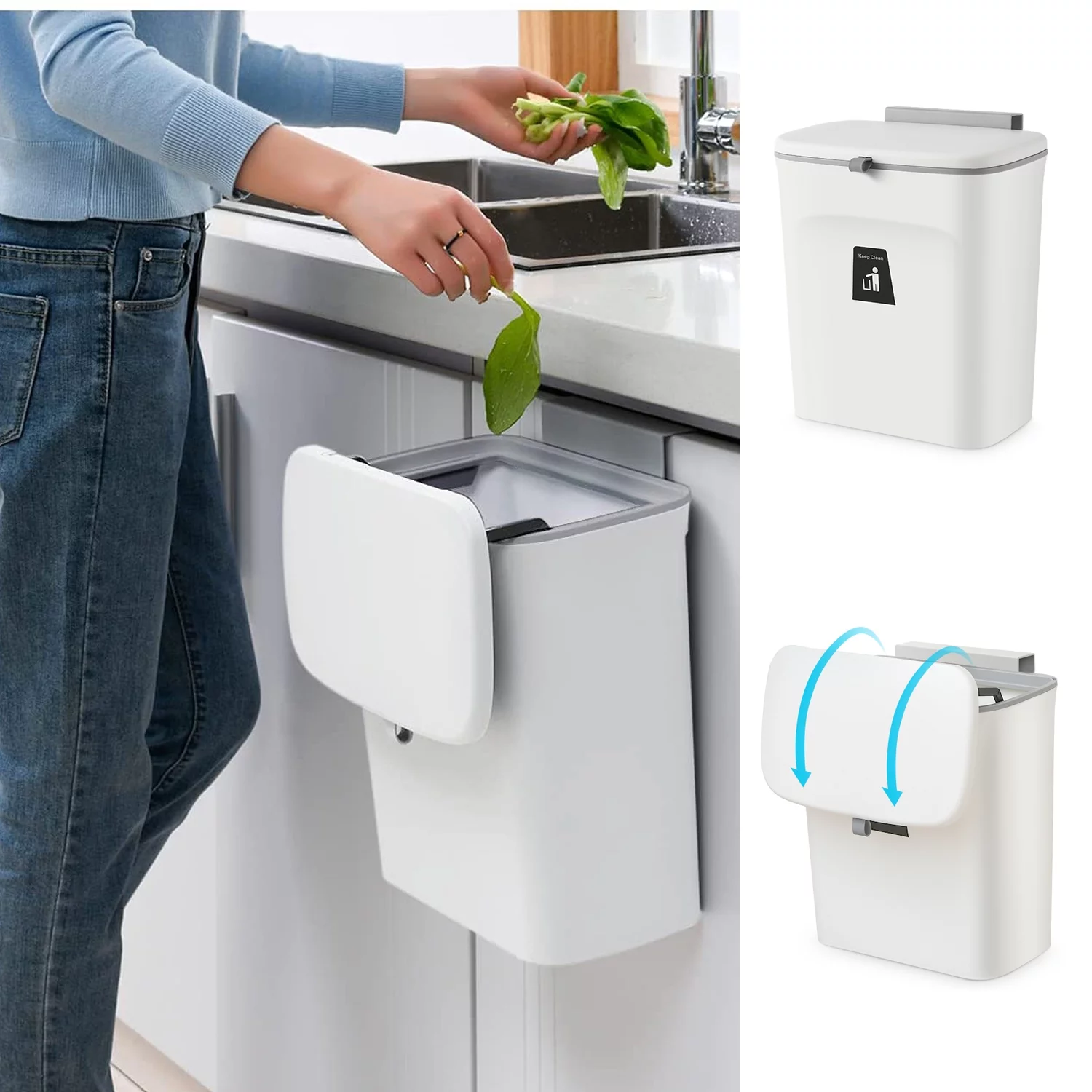 2.4 Gal Hanging Trash Can for Kitchen Cabinet Door with Lid, Small Under Sink Garbage Can for Bathroom, Wall Mounted Counter Waste Compost Bin