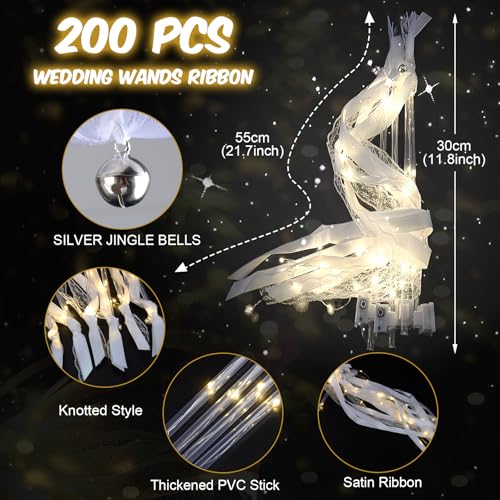 100PCS Light up Wands for wedding, Wedding Wands Streamers with 3 Colorful Flashing Modes, Fairy Wands, LED Silk Fairy Wand with Bells for Wedding, New Year, Thanksgiving, Concert
