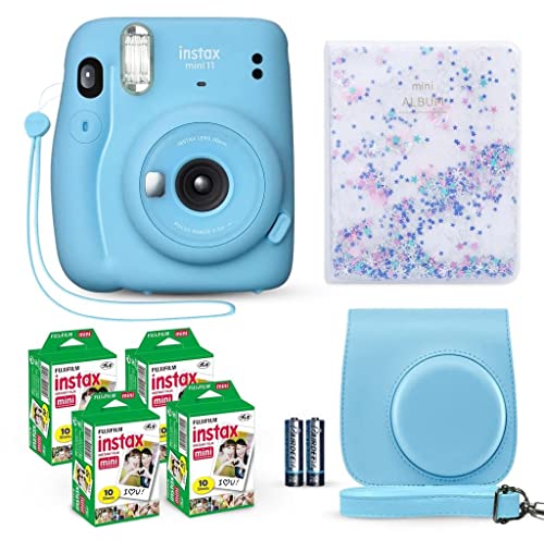 Fujifilm Instax Mini 11 Instant Camera Ice White + Fuji Film Value Pack (40 Sheets) + Shutter Accessories Bundle, Incl. Compatible Carrying Case, Quicksand Beads Photo Album 64 Pockets