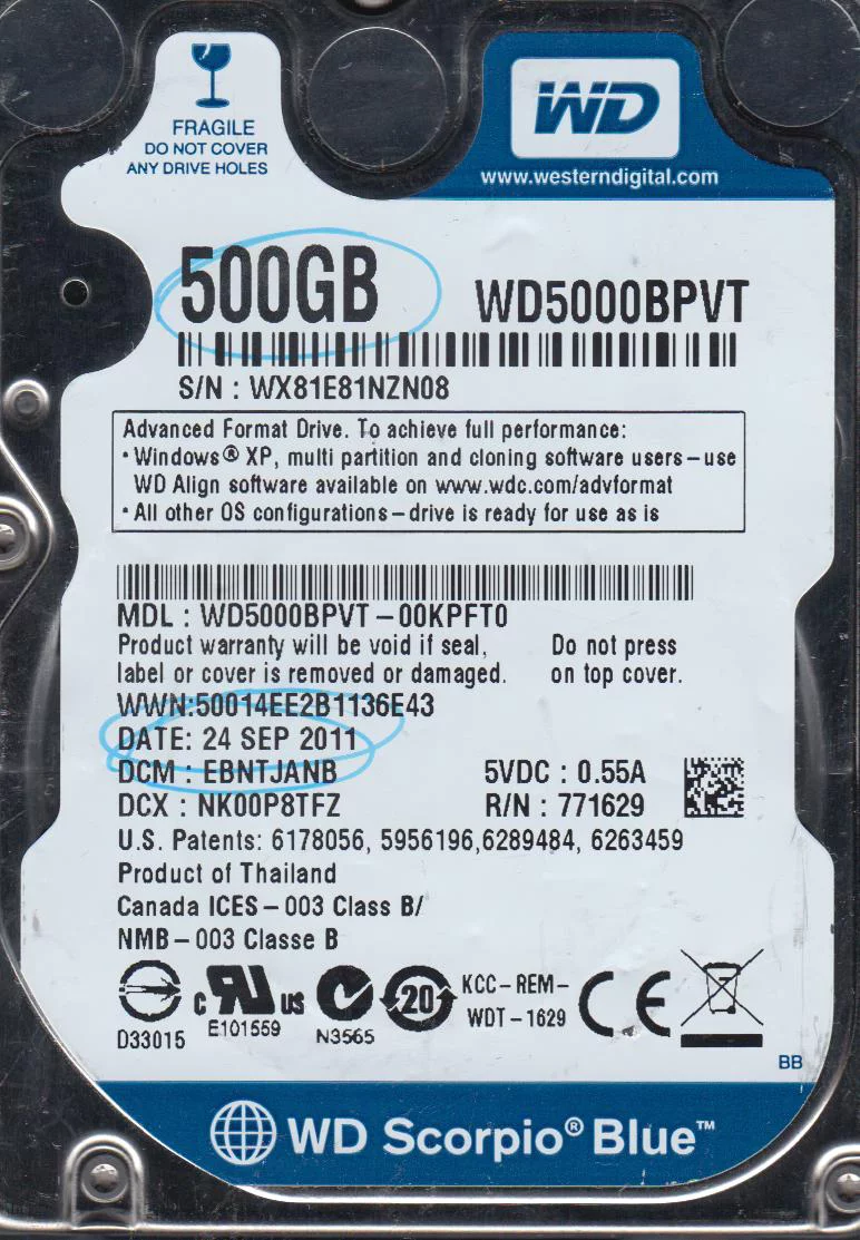 WD5000BPVT-00KPFT0, DCM EBNTJANB, Western Digital 500GB SATA 2.5 Hard Drive