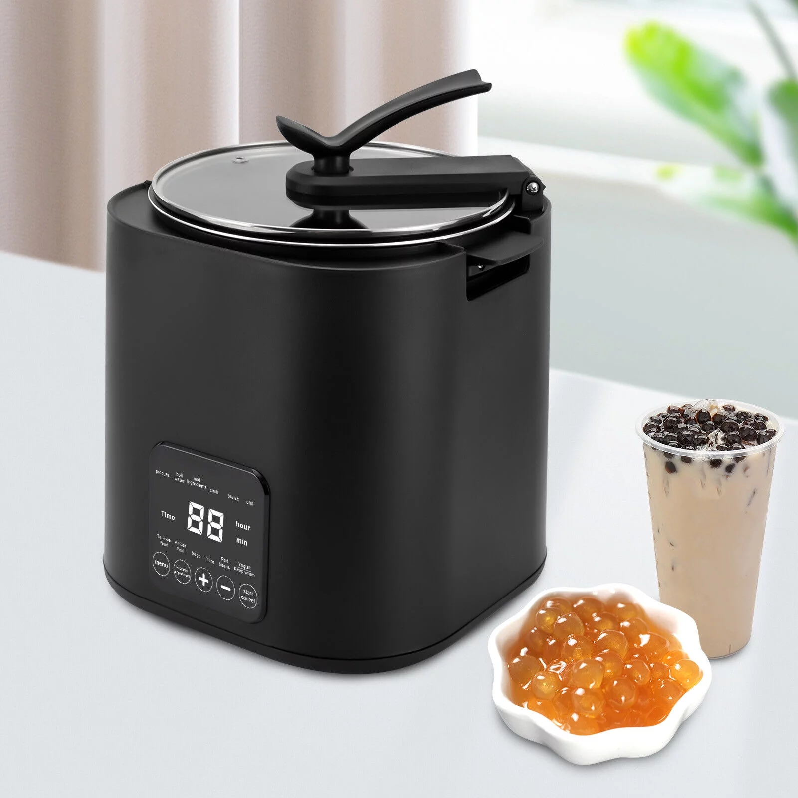 Miumaeov Commercial Boba Pot 1350W 9L/ 2.38Gal Large Capacity Automatic Pearl Tapioca Cooker 110V Professional Portable Boba Pearl Maker with Touchscreen and Handles for Milk Tea
