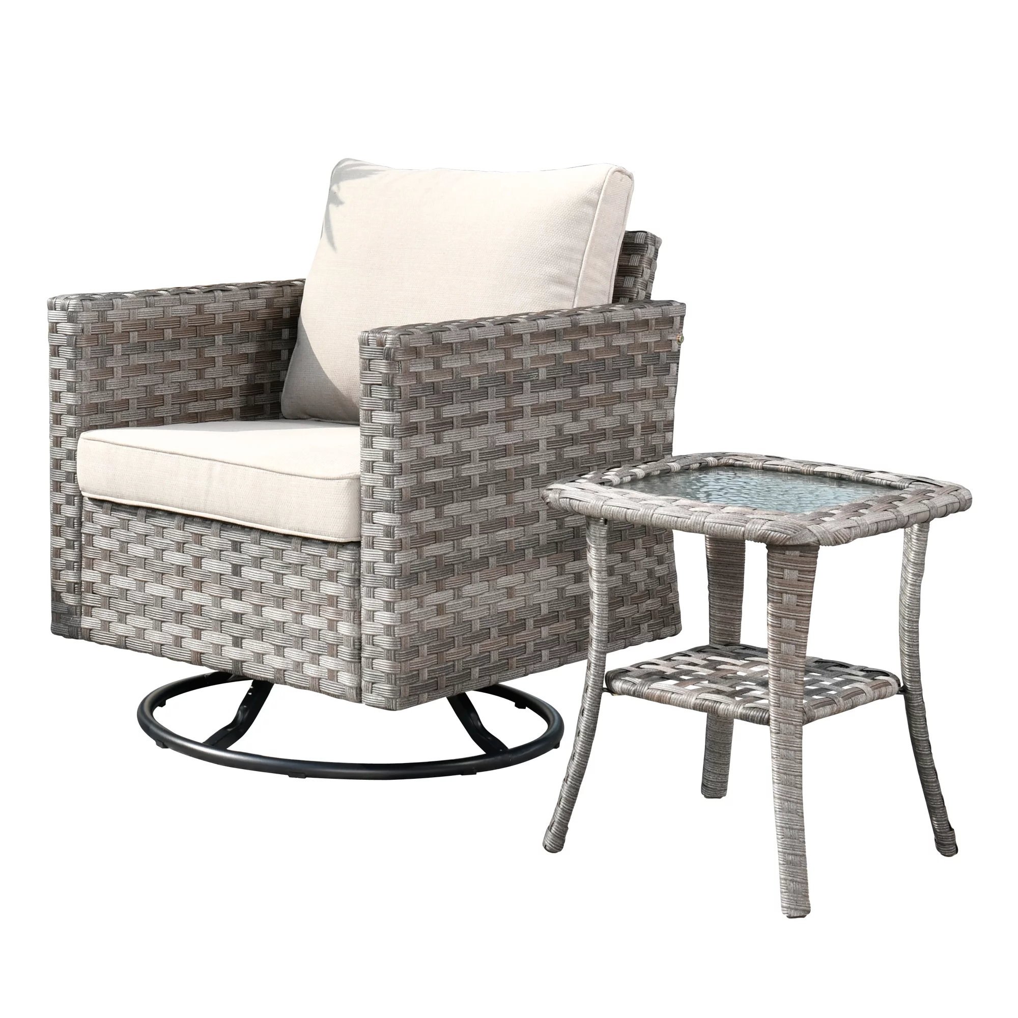 Ovios 2 Pieces Outdoor Patio Furniture Wicker Bistro set with Swivel Chairs and Side Coffee Table for Backyard