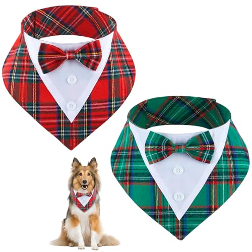 2 Pcs Christmas Dog Tuxedo Outfit, Red Green Plaid Pet Christmas Tux Collar Bandana with Bowtie Holiday Adjustable Bow Tie Puppy Party Formal Costume Cosplay for Large Dogs XL Pets