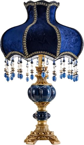 European Style Table Lamp with Fabric Lampshade Hand-Made Antique Varnished Resin Lampbody Victorian Style Table Lamp for Living Room Bedroom(Blue)