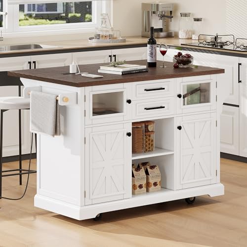 Amposei Drop Leaf Kitchen Island with Power Outlet 54.9’’ Rolling Storage Cart Cabinet on Wheels with Barn Doors, Drawers & Spice Rack (Black)
