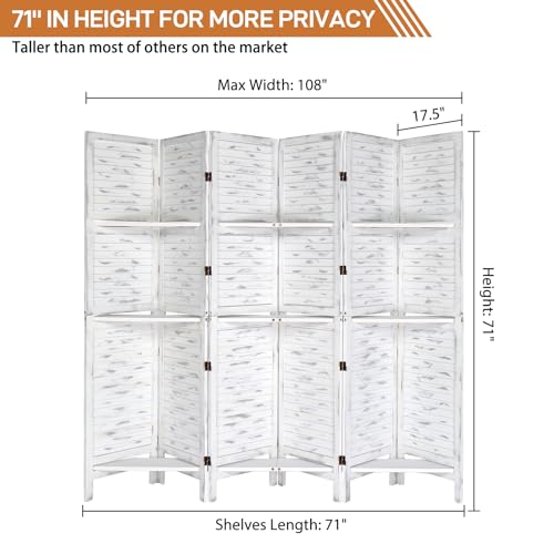 Bonnlo 6 Panels Wood Room Divider with Shelves, 6 FT Height Folding Privacy Screens, Indoor Freestanding Room Partition Wall Divider, Hinged Space Separator (Natural, 6 Panel)