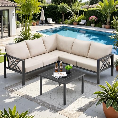 Patio Furniture Set, 6-piece Metal Sectional Furniture Sofa with Coffee Table, L Shaped Outdoor Couch with Olefin Cushion, Highback Frame, Outdoor Patio Conversation Sets for Balcony Backyard, Grey