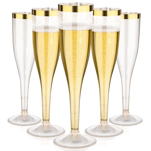 Goodluck 36 Pack 6.5 oz Plastic Gold Glitter Champagne Flutes with Gold Rim, Disposable Champagne Toasting Glasses for Wedding, Engagement, Party, Mimosa Bar