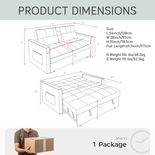 3 In 1 Velvet Convertible Sofa Bed, Pull Out Couch Bed with Reclining Backrest And 2 Pillows, 54