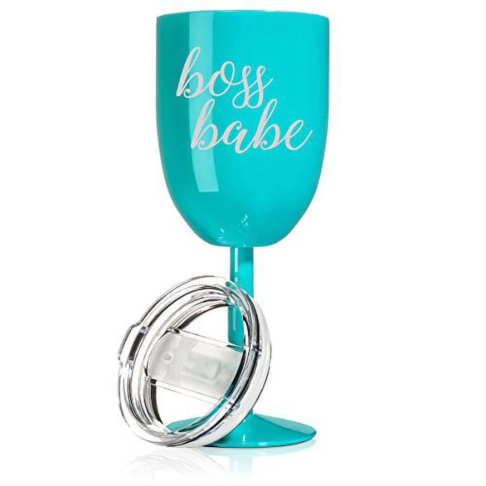 14 oz Double Wall Vacuum Insulated Stainless Steel Wine Tumbler Glass with Lid Boss Babe (Teal)