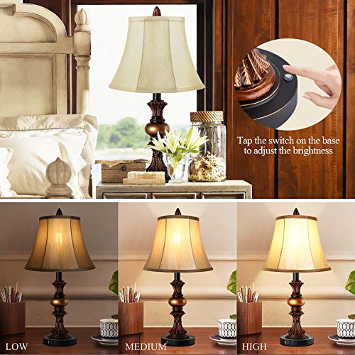 Touch Control Traditional Table Lamp Set of 2, Vintage Bedside Lamps with Dual USB Charging Ports, 3-Way Dimmable Bronze Finish Desk Lamps with Bell Shape Faux Silk Shade for Living Room, Bedroom