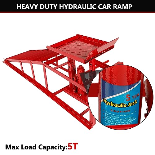 2 Pack Auto Car Truck Service Ramps, 5 Ton Low Profile Hydraulic Car Ramps, Car Lift Service Ramps Red