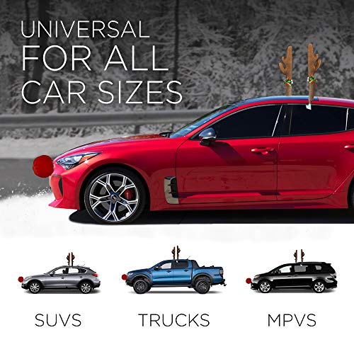 OxGord Reindeer Antlers & Nose - Christmas Decorations for Window Roof-Top & Grille Rudolph Reindeer Kit - Auto Holiday Exterior Accessories Kit Best for Car SUV Van Truck