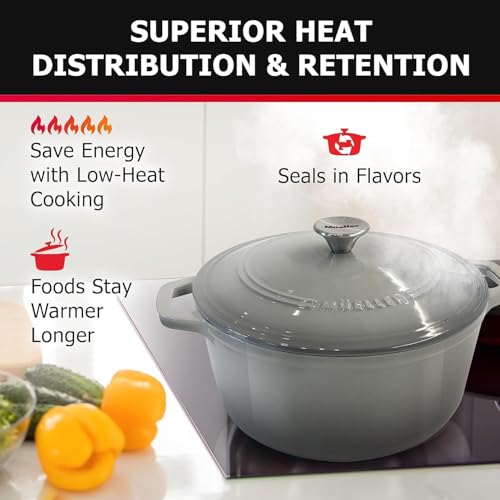 Mueller 6qt Enameled Cast Iron Dutch Oven, Heavy-Duty Casserole and Braiser Pan with Lid and Knob, Oven-Safe up to 500° F & Across All Cooktops, White