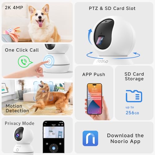 Noorio 2K Security Camera Indoor, Pan/Tilt Pet Camera with Speaker, One Touch Call Baby Monitor Dog Cam, Plug-in 24/7 SD&Cloud Storage, Color Night Vision, 2.4G WiFi, CS201, 2Pcs