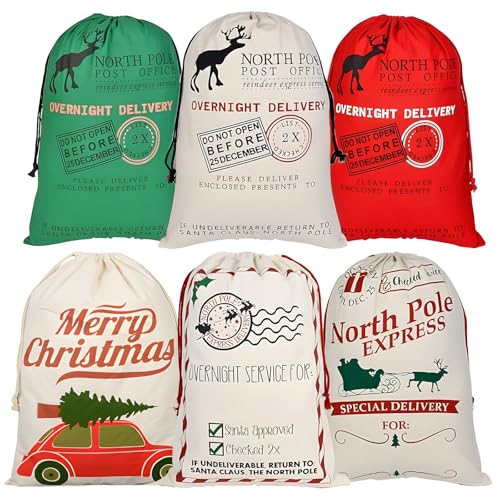 LDIWEE 6 Pack Santa Sacks Christmas Canvas Bag, Large Reusable Gift Bags with Drawstrings, Personalized Gift Bags for Christmas Thanksgiving New Year Party Supplies - Size 27.6 x19.7 Inch