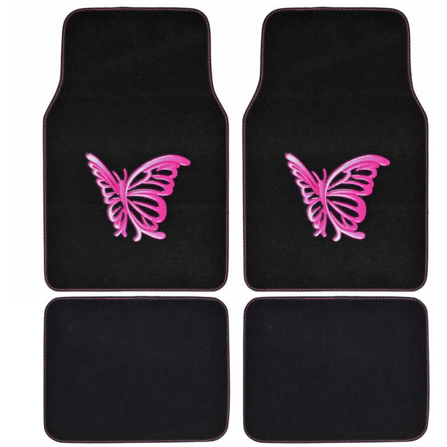 BDK Pink Butterfly Design Carpet Car Floor Mats Front & Rear Full Set with Rubber Backing