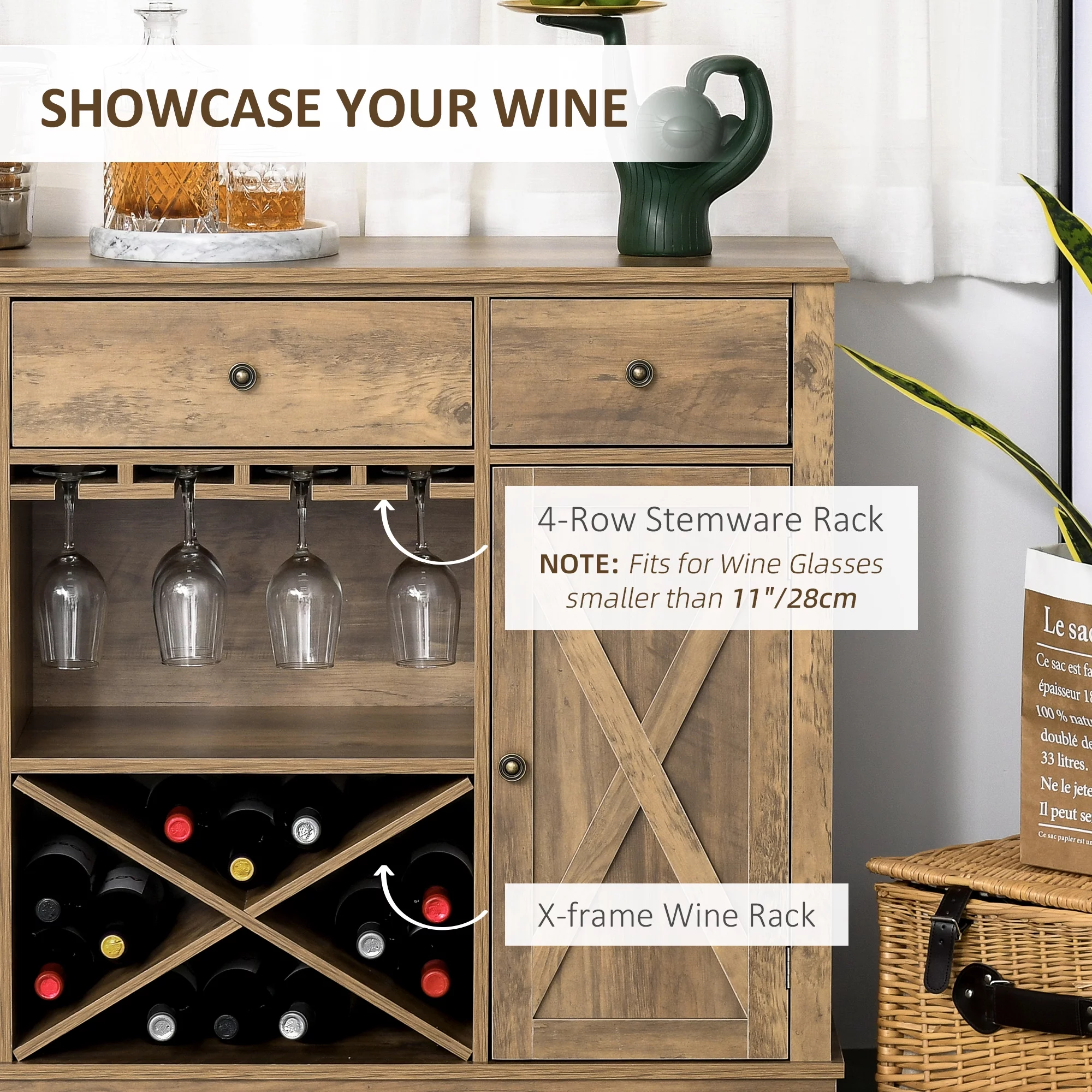 HOMCOM Farmhouse Coffee Bar Cabinet, Wine Cabinet with 3 Drawers, x-Shaped Wine Rack, Rustic Oak Grain