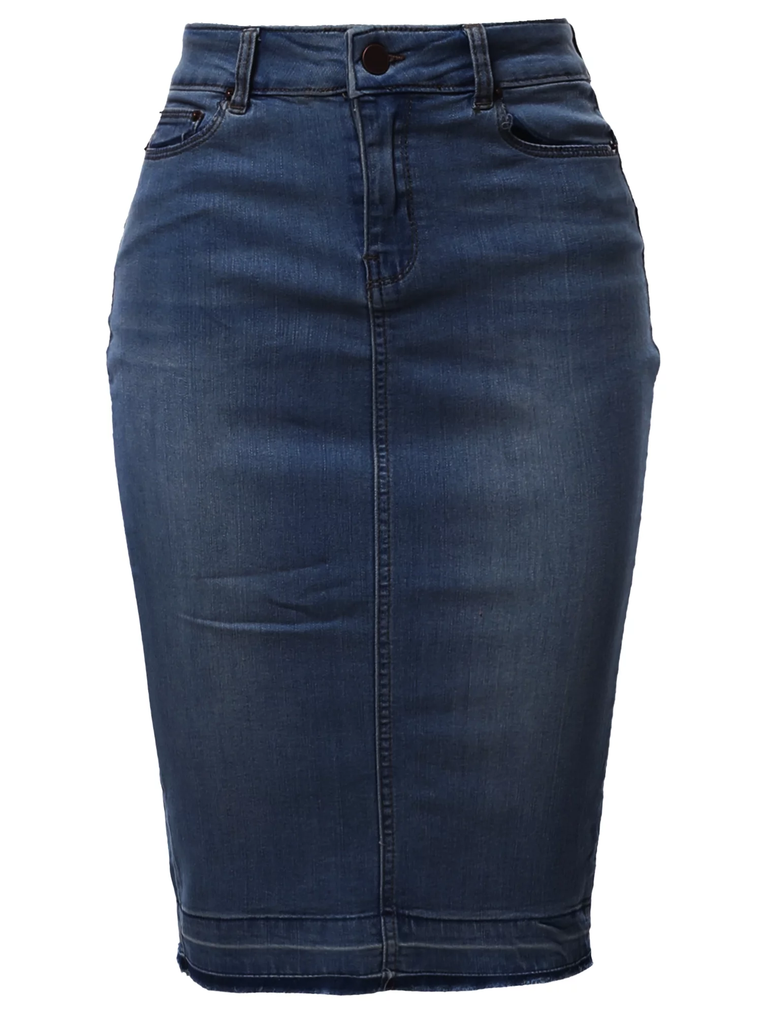 A2Y Women's Slim Fit Rayon Knee Length Back Slit Denim Jean Pencil Skirt Dark Navy L