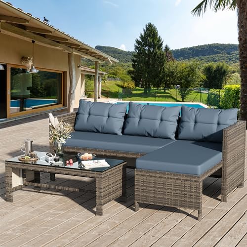 Shintenchi Outdoor Patio Furniture Sets, Wicker Patio sectional Sets 3-Piece, All Weather Wicker Rattan Patio Seating Sofas with Glass Coffee Table and Cushion (Beige)