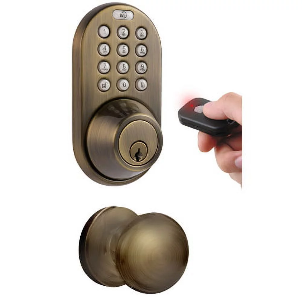 MiLocks Digital Deadbolt Door Lock and Passage Knob Combo, Satin Nickel Finish with Keyless Entry via Remote Control and Keypad Code for Exterior Doors (XFK-02SN)