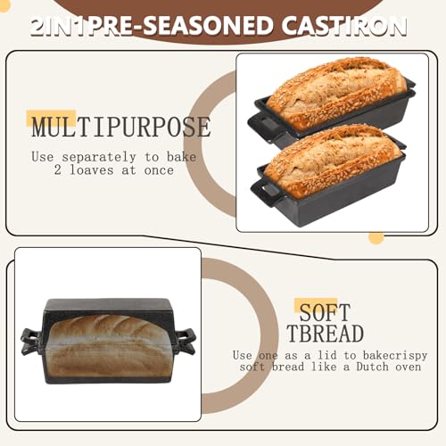 Cast Iron Loaf Pan - 9x5 Inch Bread Baking Pan with Lid for Homemade Sourdough & Meatloaf, Rust-Resistant Cast Iron Bread Pan for Oven