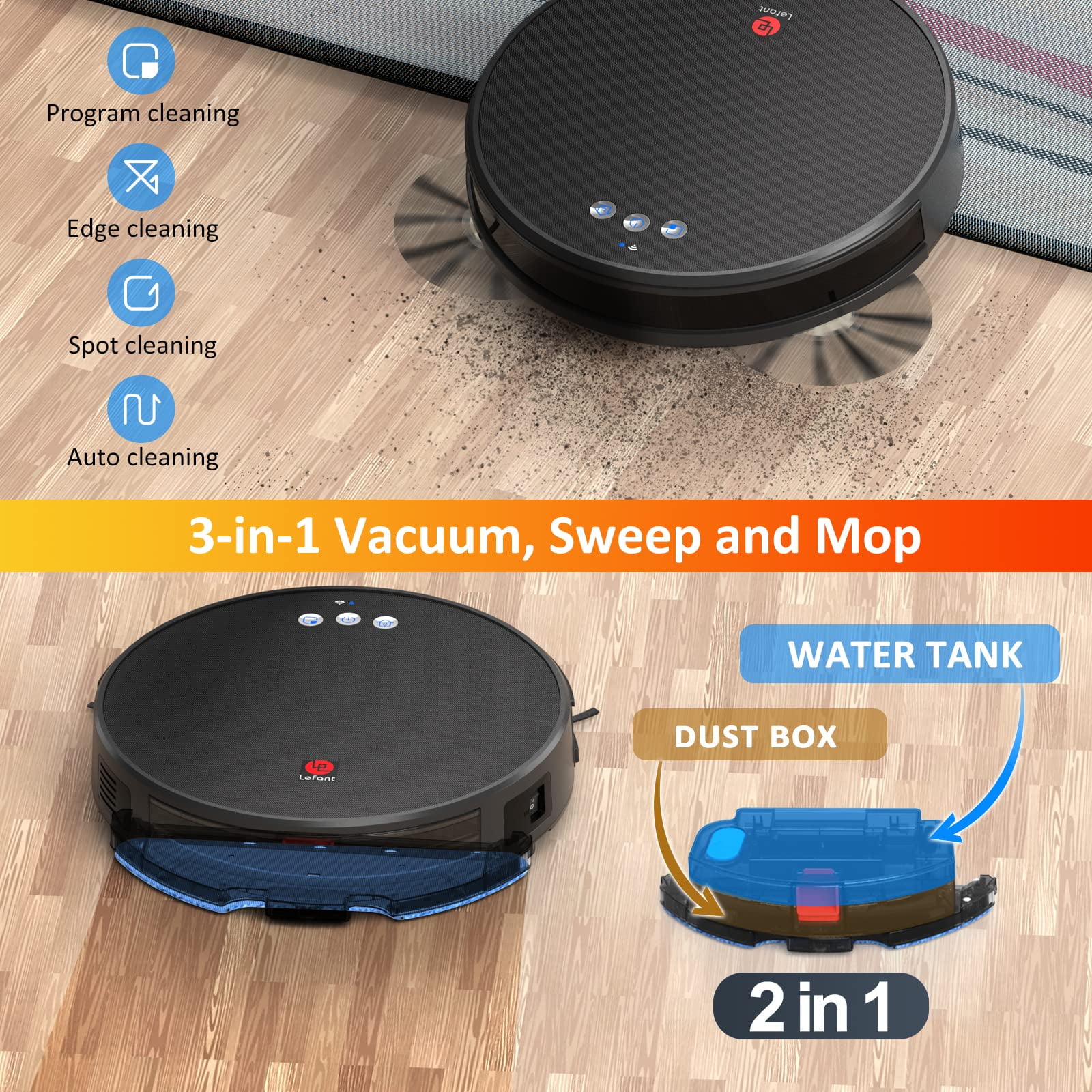 Lefant Robot Vacuum Cleaner and Mop, 160ml Water Tank, 3-in-1 Robotic Vacuum, Ideal for Pet Hair, Hard Floor, Carpet (U180)
