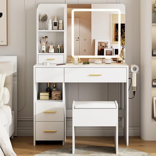 Vanity Desk with LED Lighted Mirror&Power Outlet, 3 Lighting Colors Makeup Vanity Desk with 5 Large Drawers and 3 Storage Shelves, Vanity with Storage Stool for Bedroom, White