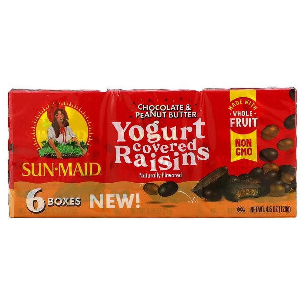 Sun-Maid, Yogurt Covered Raisins, Chocolate & Peanut Butter, 6 Boxes, 0.75 oz (21 g) Each Pack of 4