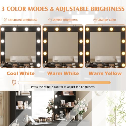 YESHOMY Vanity Desk with Mirror, Power Outlet and 10 Lights, Makeup Table with 7 Drawers, 3 Color Modes Available for Bedroom, White