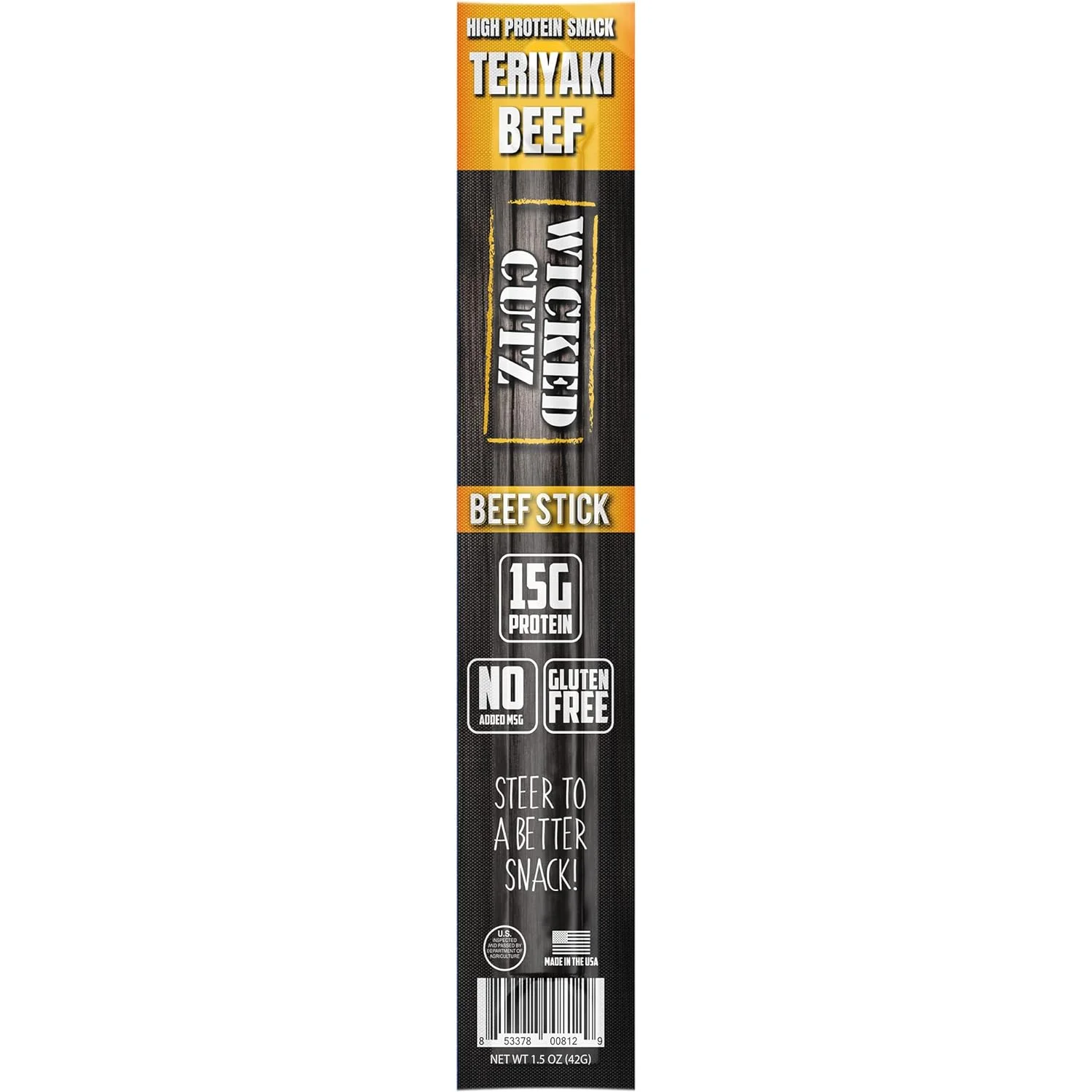 Wicked Cutz Premium Beef Jerky Sticks, High Quality, Protein-Rich, Teriyaki, 1.5 oz, 12-Pack
