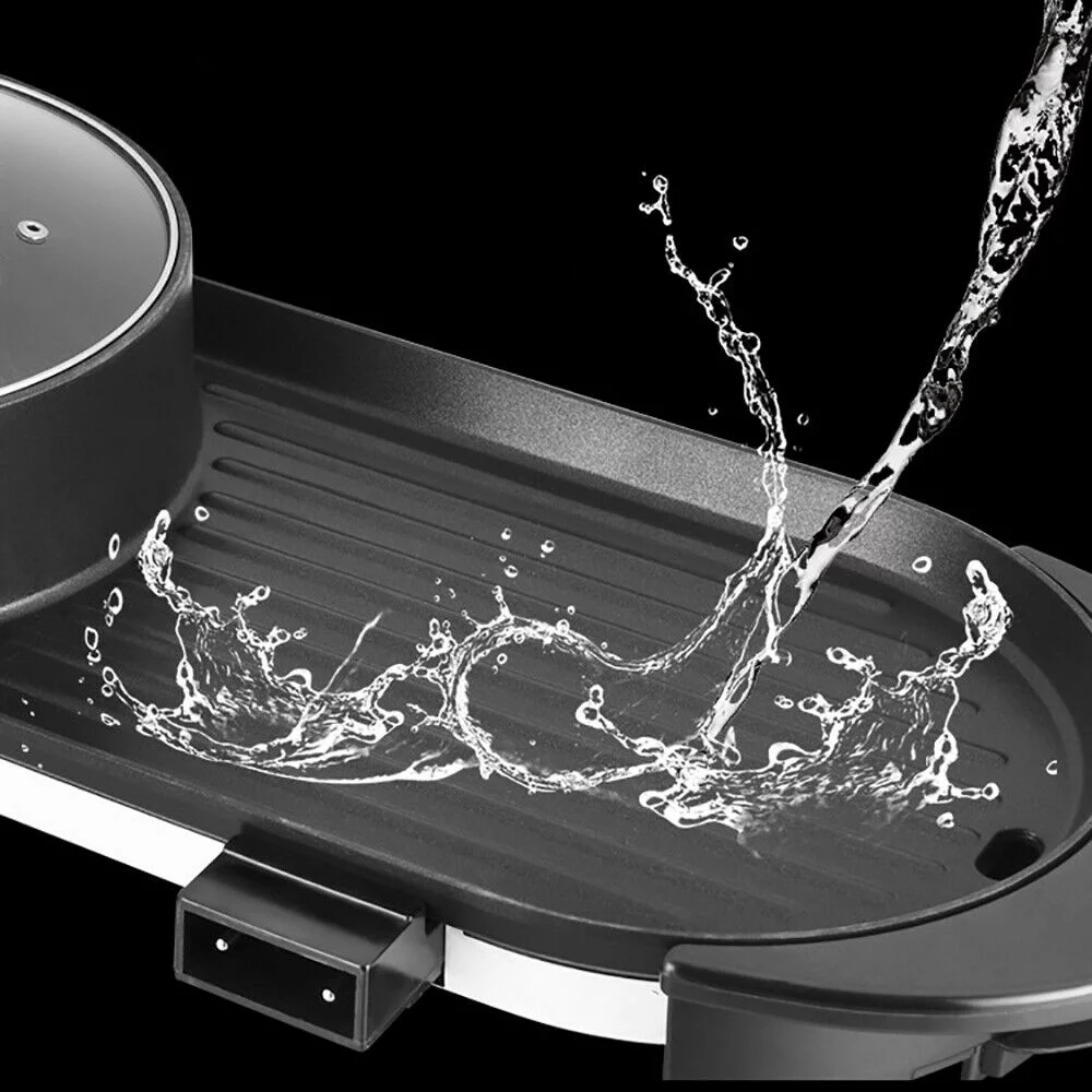 2 in 1 Electric Hot Pot Barbecue Grill Smokeless Grill BBQ Teppanyaki Shabu Pot Non-Stick Pan