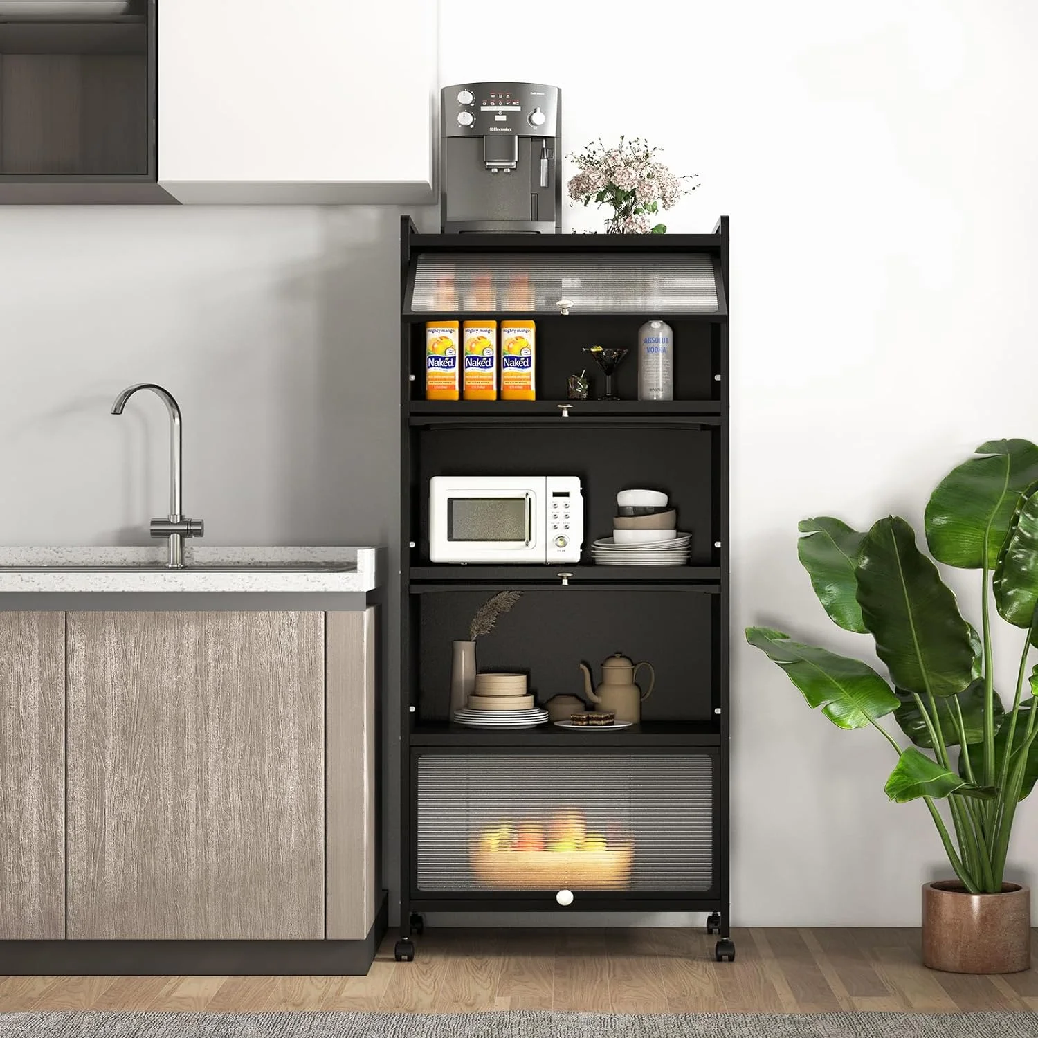 GEROBOOM 5-Tier Kitchen  Cabinet  Freestanding Baker\u2019s Rack with 4 Rolling Casters  Mobile Microwave Stand with Double Anti-toppling Device  for Dining Room  Living Room and Study  B