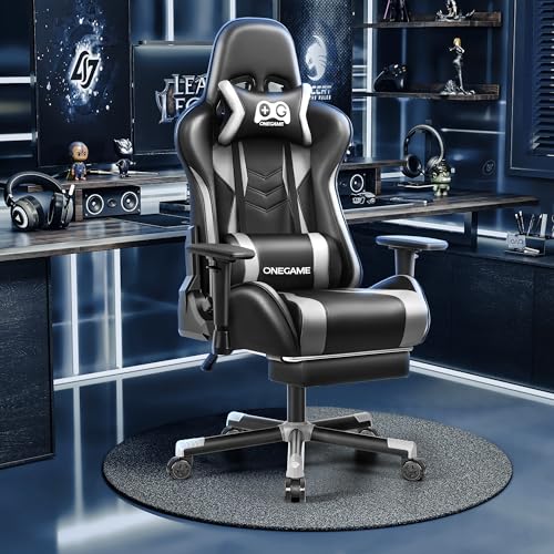OneGame Ergonomic Gaming Chair with Footrest, Racing Gamer Chairs with Linked Armrests and Lumbar Support for Adults, High Back Leather Computer Game Chair for Office Gaming 330LBS, BlackGray