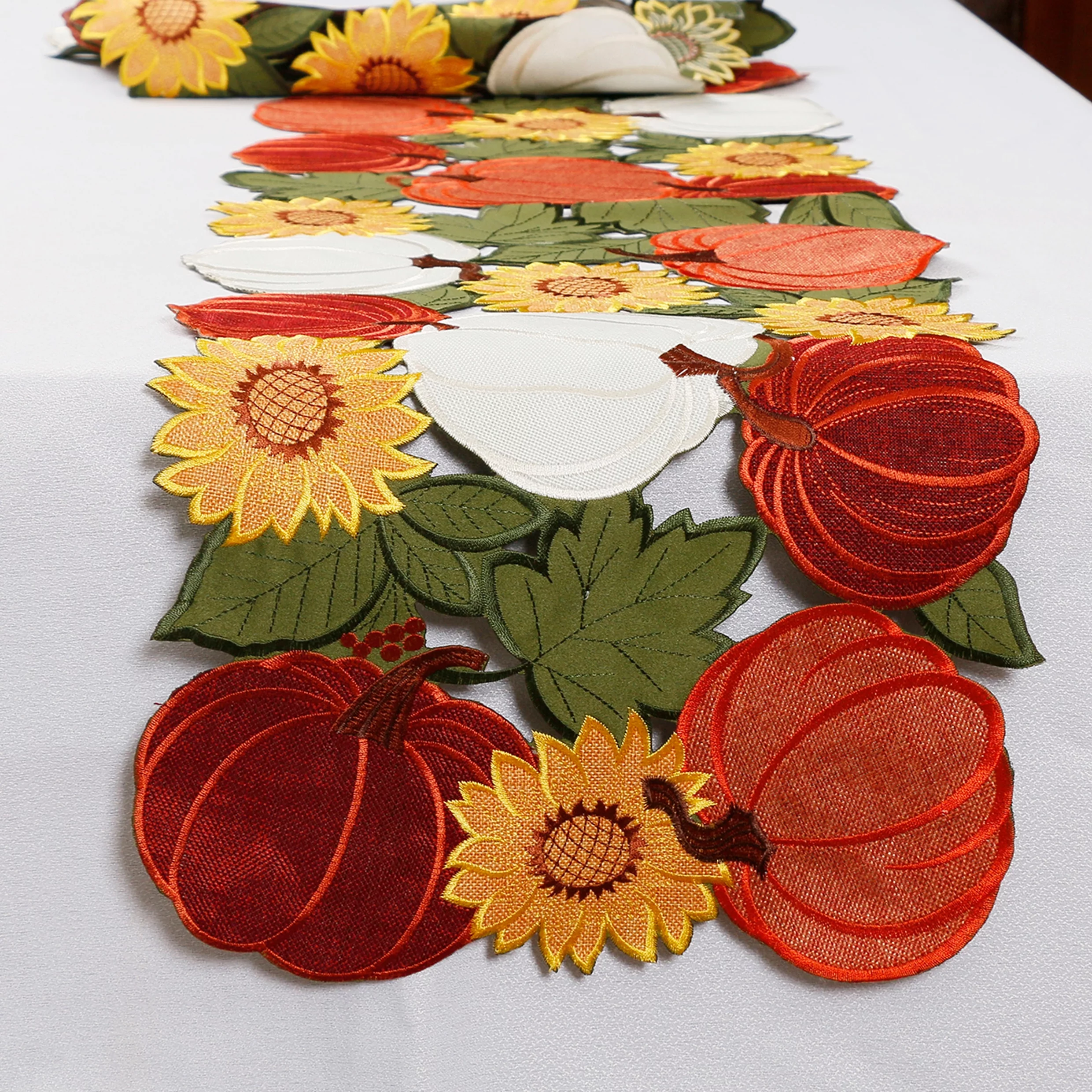 OVZME Thanksgiving Embroidered Table Runner,Cutwork with Applique Extra Long Table Runners,Emboridery Fall Kitchen Decor Harvest Autumn Pumpkin for Holiday Dinner&Party Centerpiece Decoration,13
