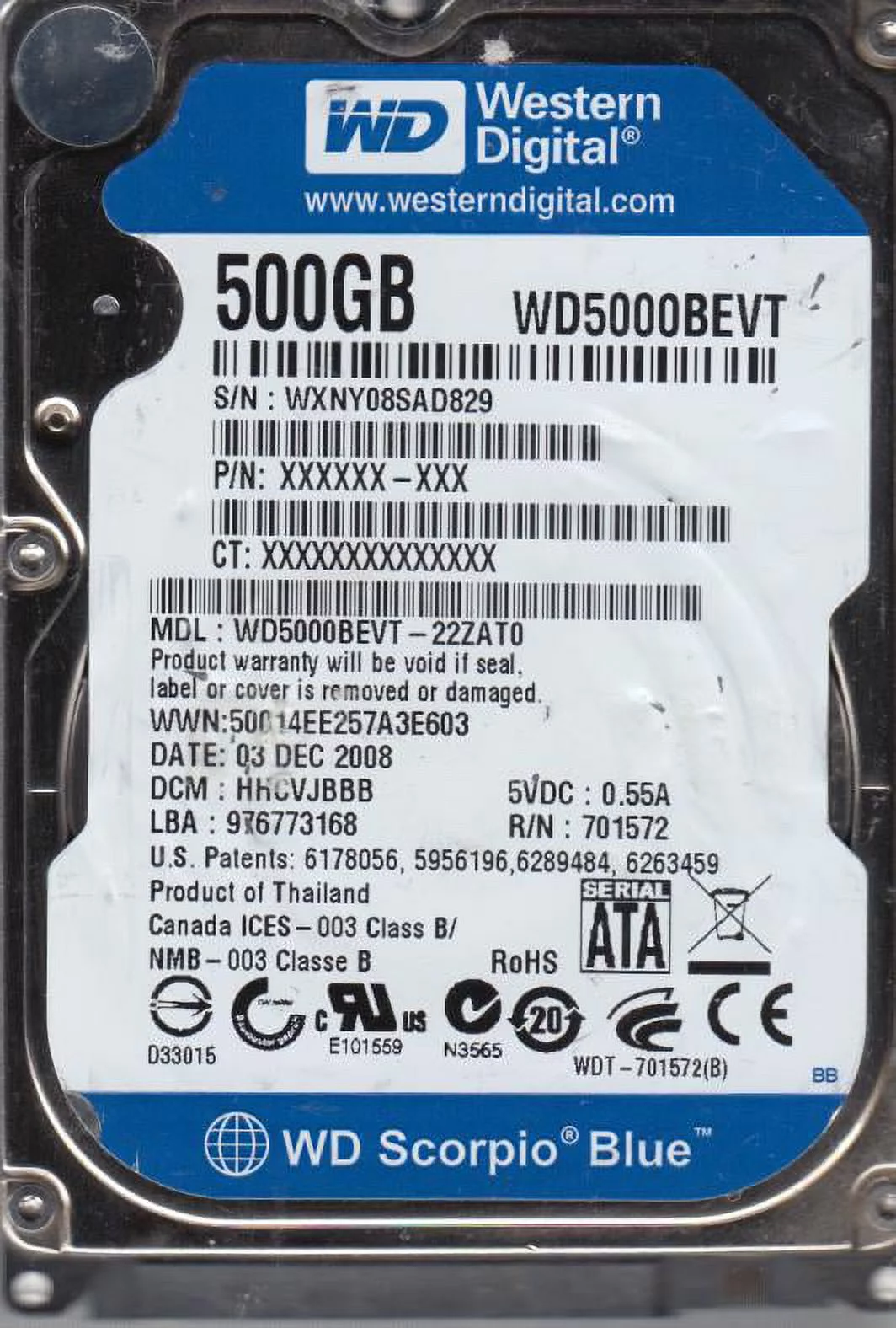 WD5000BEVT-22ZAT0, DCM HHCVJBBB, Western Digital 500GB SATA 2.5 Hard Drive